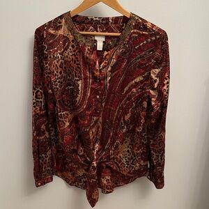 Chico's Red and Brown Paisley Leopard Blouse